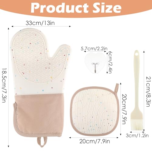 10 Pcs Kitchen Oven Mitts and Potholders Set with Hook and Oil Brush, Cooking Mittens Heat Resistant 500°F Silicone Oven Mittens for Kitchen Baking Cooking BBQ (Cream)