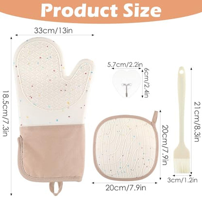 10 Pcs Kitchen Oven Mitts and Potholders Set with Hook and Oil Brush, Cooking Mittens Heat Resistant 500°F Silicone Oven Mittens for Kitchen Baking Cooking BBQ (Cream)