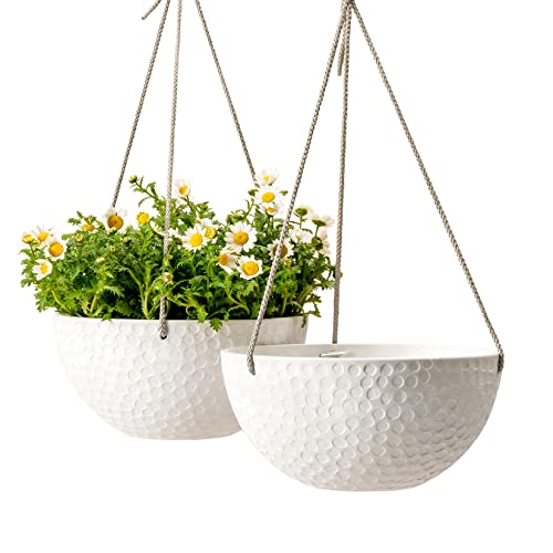 LA JOLIE MUSE 10 Inch Hanging Planters for Indoor Plants, Outdoor Garden Planter Pots, White, Honeycomb, Set of 2 | White Stone Finish, Hanging Baskets and Flower Pots for Outdoor Plants, Decorative Outdoor Planters for Window, Porch, Garden - color: Whit