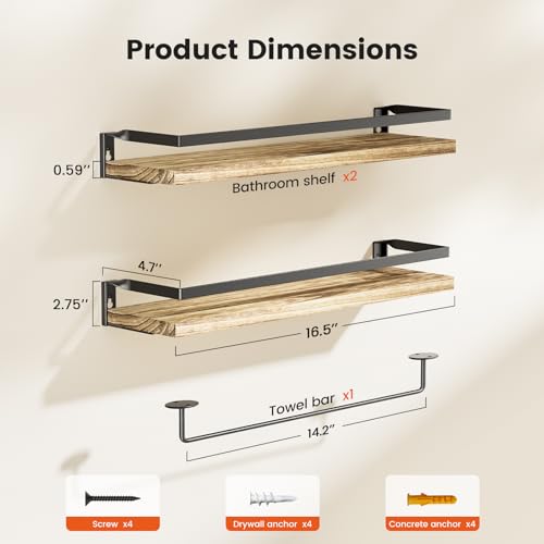 AMADA HOMEFURNISHING Bathroom Shelves with Towel Bar, Floating Shelves, Wall Shelves for Bathroom/Living Room/Kitchen/Bedroom, Light Brown, Set of 2 - AMFS01 - color: Light Brown