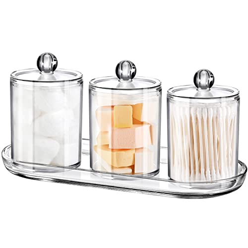 SheeChung 3 PCS Qtip Holder Bathroom Set with Tray, Acrylic Apothecary Jars | Clear Qtip Dispenser with Lids and Labels, Bathroom Qtip Holder Set for Cotton Ball, Cotton Swab 1 Pack Bathroom Vanity Tray - color: Clear