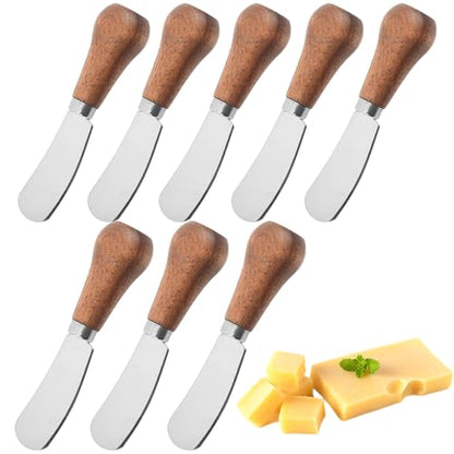 8Pcs Cheese Spreader Knives, Mini Butter Knife Spreader with Wooden Handle, Stainless Steel Cheese Knife Set for Charcuterie Board, Sandwich, Appetizers, Cocktail Spreading Knife (1)