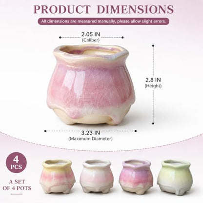 Ceramic Succulent Planters with Crackle Glaze, Gradient Color Small Flower Pots for Cacti and Plants, 3.23in Diameter x 2.8in Height, 4 Pack
