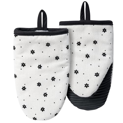 Mini Oven Mitts Set - 5.5” x 8.6” Small Heat Resistant Kitchen Mitt with Non-Slip Silicone Grips Palm, Soft Filling Washable Gloves with Hanging Loop for Home Cooking Baking Picnic (Flower) - color: White