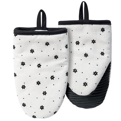 Mini Oven Mitts Set - 5.5” x 8.6” Small Heat Resistant Kitchen Mitt with Non-Slip Silicone Grips Palm, Soft Filling Washable Gloves with Hanging Loop for Home Cooking Baking Picnic (Flower) - color: White