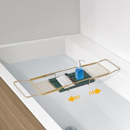 Bathtub Tray Caddy for Luxury Bath, 26.8-35.4in Expandable Bathtub Tray with Raised Guardrail and Deep Groove, 44.09 lbs Capacity, for Toiletries, Tablets, Kitchen Sink Fruits (Gold, Green) - color: Gold, Green