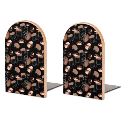 Heavy Duty Wood Bookends Decorative Book Ends for Shelves, Drum Kit | Classical Music Musical Instrument Print, Book Stoppers with Metal Base, Non-Skid for Home Office and Library, 1 Pair - color: Style(509)