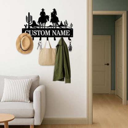 NIWAHO Personalized Key Holder Wall Mount Western Cowboy Couple Riding Horse Metal Key Hooks – Custom Name Wall Rack for Entryway, Kitchen, Bedroom, Wedding or Housewarming Gifts - color: Cowboy & Cowgirl