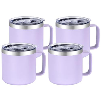 VEGOND 14 oz Insulated Coffee Mug Bulk with Handle, Stainless Steel Travel Coffee Mug with Lid, Double Wall Vacuum Metal Coffee Cup, Coffee Tumbler Powder Coated, Purple 4 Pack - color: Purple, size: 14 Ounces (4 Pack)