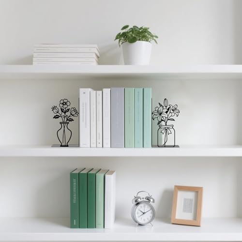 Metal Bookends Flower Vase Book Ends for Shelves | Flower Bookends Decorative Unique Desk Bookend Black Book Stopper for Home Reading Bookshelf Decor Book Lovers Gift - style: Flower Vase