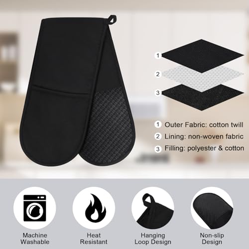 Philorn Black Double Oven Mitts, Heat Resistant 260℃ Silicone Glove | Waterproof Kitchen Gloves Oven Extra Long Oven Mitts with Non-Slip Silicone Surface for Baking, Cooking, BBQ - color: Black 1