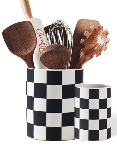 Checkered Kitchen Utensil Holder - 7.1"+5.8" Ceramic Utensil Crock for Countertop, Kitchen Decor and Accessories for counte (Black) - color: Black Checkered