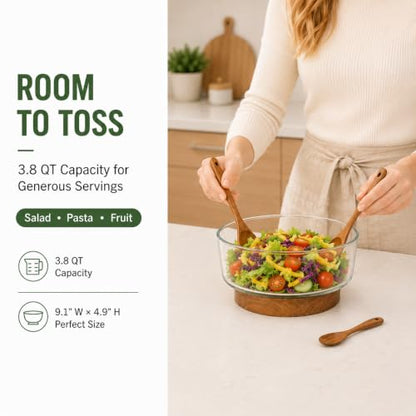 OMISTAR 3.8 Qt Glass Salad Bowl Set with Acacia Wood Base and Salad Servers | Dishwasher-safe for easy cleanup; made for pasta, fruit, trifle and generous sides at family dinners, potlucks and holidays