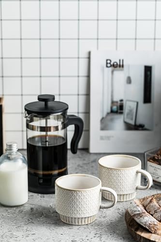 LYEOBOH Stackable Coffee Mugs, Coffee Cups, Mug Set of 4 with Spoons - 13 Oz Coffee Cup Set with Stand, Ceramic Coffee Mug - Farmhouse Kitchen, Beige - color: Beige