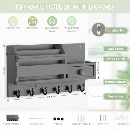 VIS'V Key Holder Wall Mount, Wooden Mail and Key Organizer, Gray | Contains Little Drawer, Small Shelf, 2 Slots, 6 Hooks, for Entryway, Hallway, Doorway, Kitchen, Garage, RV - color: Gray