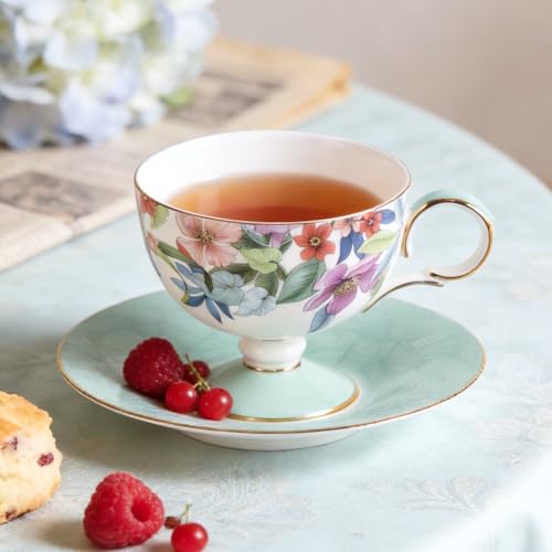 KAMMAK Tea Cups Set of 2,Ceramic Floral Pattern Demitasse Cup | Porcelain Espresso Cup with Saucer, 6.52 oz Handmade Elegant Bone China Tea Cups for Latte, Americano, Cappuccino - color: Lightly Dancing (Green + Purple)