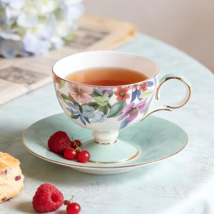 KAMMAK Tea Cups Set of 2,Ceramic Floral Pattern Demitasse Cup | Porcelain Espresso Cup with Saucer, 6.52 oz Handmade Elegant Bone China Tea Cups for Latte, Americano, Cappuccino - color: Lightly Dancing (Green + Purple)