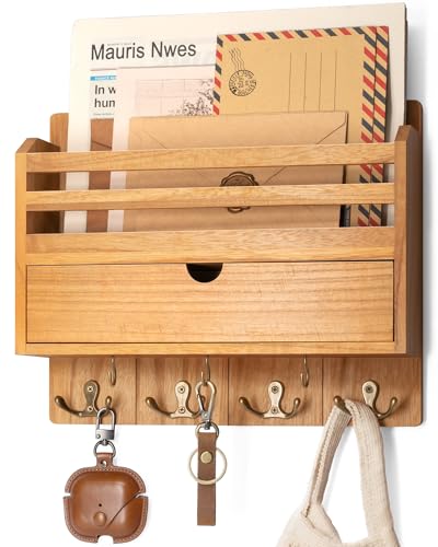 Rebee Vision Mail Organizer Wall Mount with Drawer for Entryway,Light Brown | Key and Mail Holder for Wall, 7 Key Hooks, Drawer Organizer, Mail Organizer, Key Hanger, Farmhouse Aesthetic Home Decor - color: Light Brown