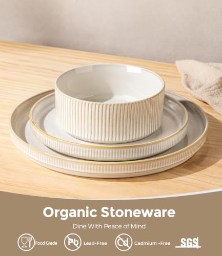 GBHOME Stoneware Dinnerware Sets for 4, 12 Pieces Plates and Bowls Set | Lightweight Ceramic Ribbed Dishes,Reactive Glaze Stackable Plate Set,Scratch Resistant,Microwave Dishwasher Safe,VanillaLatte - color: Vanilla Latte