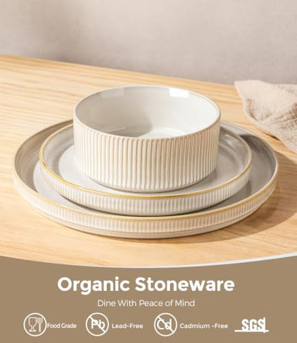 GBHOME Stoneware Dinnerware Sets for 4, 12 Pieces Plates and Bowls Set | Lightweight Ceramic Ribbed Dishes,Reactive Glaze Stackable Plate Set,Scratch Resistant,Microwave Dishwasher Safe,VanillaLatte - color: Vanilla Latte