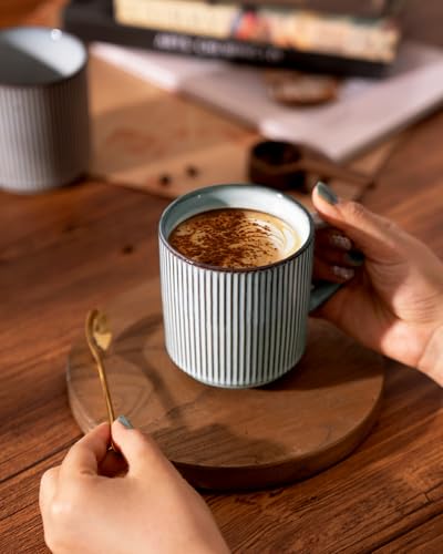 famiware Coffee Mug Set for 4, Star 12 oz Catering Mugs Cup Set with Handle for Coffee, Tea, Cocoa, Milk - Ceramic Stoneware Drinkware Set, Smoky Blue | Stoneware Stackable Catering Cup for Coffee, Tea, Cappuccino, Latte, Microwave & Dishwasher Safe, Smok