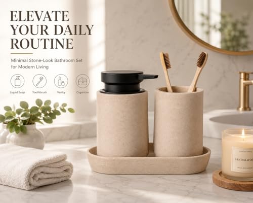 Clasin Home 3 Pcs Bathroom Accessories Set, Liquid Soap Dispenser with Large Pump, Toothbrush Holder Cup and Soap Dish, Sandstone Texture Bathroom Counter Set for Modern Home (Beige) - color: Beige