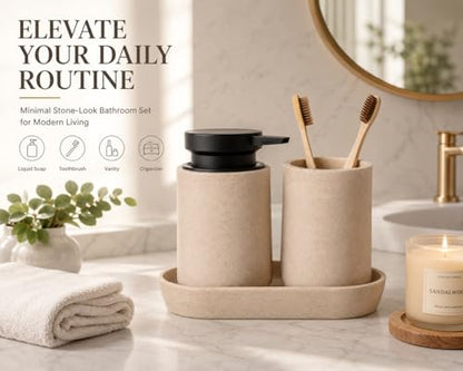 Clasin Home 3 Pcs Bathroom Accessories Set, Liquid Soap Dispenser with Large Pump, Toothbrush Holder Cup and Soap Dish, Sandstone Texture Bathroom Counter Set for Modern Home (Beige) - color: Beige