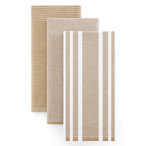 Homaxy Cotton 380 GSM Premium Kitchen Towels, 18"x 28", 3 Pack, Khaki | Soft and Absorbent Terry Dish Towels, Multipurpose Tea Towel Set with Hanging Loop, 3 Styles Kitchen Hand Towels - color: Khaki, size: 18" X 28" - 3 Pack