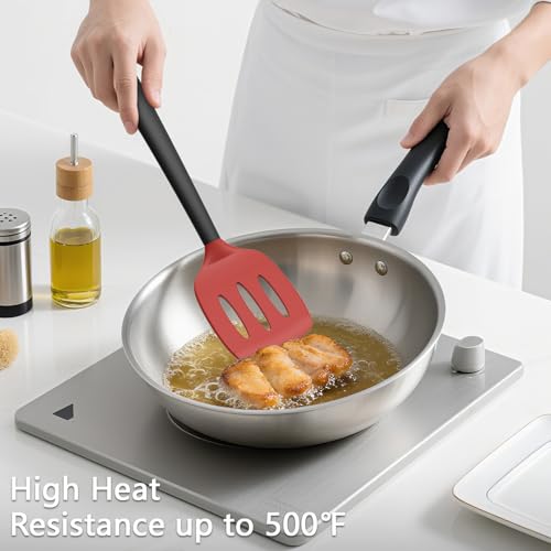 Coukre 3 Pack Silicone Spatula Set, Heat Resistant to 500°F, BPA-Free | Fish Spatula, Solid & Slotted Turners, Dishwasher Safe, Spatula Set for Eggs, Pancakes, Fish & Burgers, RedBlack - color: RedBlack