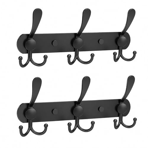 YUNISS Coat Rack Wall Mounted，5 Tri Stainless Steel Coat Hook for Coat Hat Robes Towel in Mudroom Entryway (Black, 2 Pack 3 Hook) - color: Black, size: 2 Pack 3 Hook