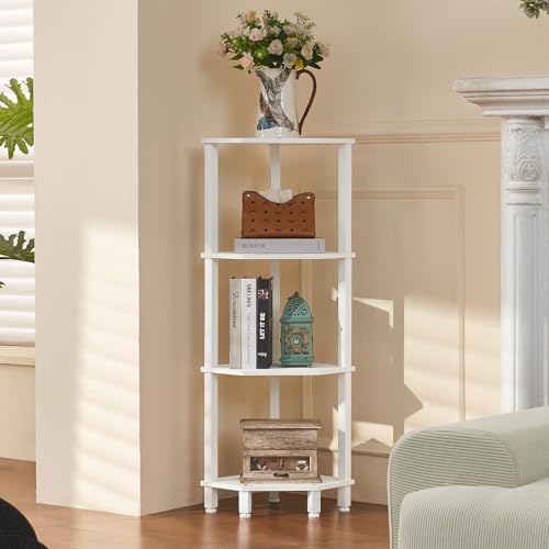 YUFAM 4-Tier Corner Shelf, White | Wooden Corner Bookshelf for Small Spaces, Corner Standing Shelf with Sturdy 5-Leg Base - color: White, size: 4 Tier