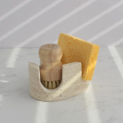 Natural Travertine Marble 2-Slot Sponge Holder for Kitchen Counter, 2-in-1 Stone Drying Rack, Sponge Caddy for Sink Organizer - Beige Travertine - color: Beige Travertine