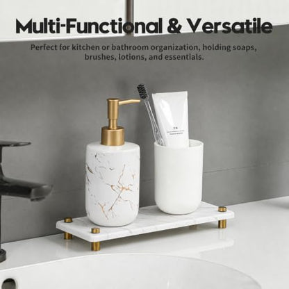 White Marble Pattern Style Water Absorbing Stone Sink Caddy, Bathroom & Kitchen Counter Organizer Tray, Faucet Drying Mat Soap Dish Rack Riser Dispenser Sponge Holder, Gold Metal Feet, 10" x 4" - color: 10"x 4" - Marble Pattern - Gold