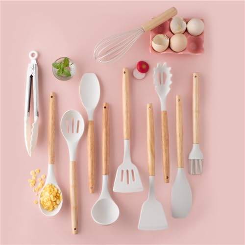 Kitchen Cooking Utensils and Knife Set with Block, 19 Pieces Cooks Cutting Set 11 Silicone Utensils Tool 5 Pcs Sharp Stainless Steel Chef Knives Scissors Whisk Tongs and Cutting Board (Beige) - color: Beige