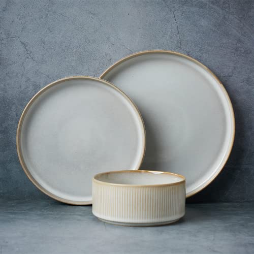 Famiware Star Stoneware Dinnerware Set, Reactive Glaze Plates & Bowls for 4 | 12 pcs Handmade Ribbed Dishes, Chip & Scratch Resistant Ceramic. Microwave & Dishwasher Safe, Modern Luxury, Cappuccino White - color: Cappuccino White, size: Service for 4