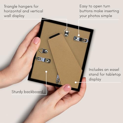 Americanflat 4x5 Picture Frame - Slim Molding - Black | Shatter-resistant glass, wall or tabletop display with included easel, triangle hangers included, secure turn-tab backing - color: Black, size: 4x5