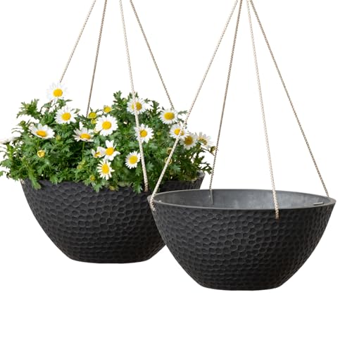 LA JOLIE MUSE Hanging Planters for Outdoor Plants, Large Hanging Planter with Drain Holes, Outdoor Hanging Flower Pots, Matte Black, Honeycomb (13.2 Inch, Set of 2) | Matte Black Finish, Hanging Baskets and Flower Pots for Outdoor Plants, Decorative Outdo