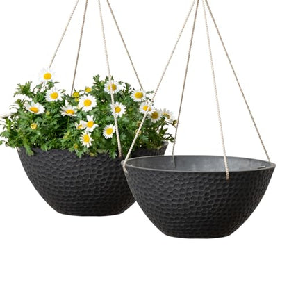 LA JOLIE MUSE Hanging Planters for Outdoor Plants, Large Hanging Planter with Drain Holes, Outdoor Hanging Flower Pots, Matte Black, Honeycomb (13.2 Inch, Set of 2) | Matte Black Finish, Hanging Baskets and Flower Pots for Outdoor Plants, Decorative Outdo