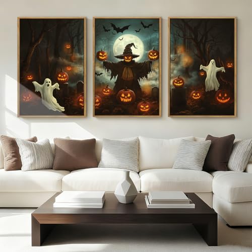 Anyzal Halloween Ghost Wall Art Spooky Pumpkin Wall Decor Dark Forest Artwork for Living Room Bedroom Dining Room16x24 Inch Set of 3 - color: Dark Halloween, size: 24"L x 16"W