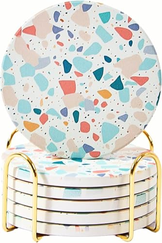 Terrazzo Coasters Set of 6, Colorful Boho Absorbent Ceramic Coasters | Speckled terrazzo drink coasters for coffee table & desk; moisture-absorbing stone, boho home decor, housewarming gift - color: Pastelterrazzo