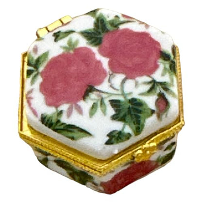 Tiny Hexagon Porcelain Trinket Box | Pink Tea Roses | French Style Gift Box with Velvet Bag - style: Pink Tea Roses Hexagon