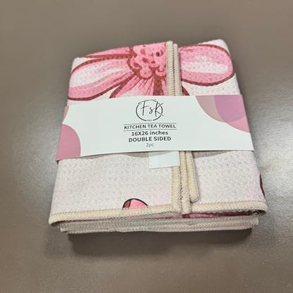 Microfiber Waffle Weave Kitchen Towels Set 2-Pack Quick Dry & Ultra Absorbent Dish Towels Reusable 26x16 Inch Paper Towel Alternative (Floral Design) (Pink)