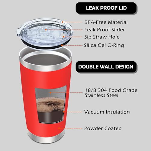 AIANJI 20oz Tumbler with Lid Stainless Steel Tumblers Insulated Mug Red 12P - color: Red