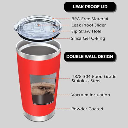 AIANJI 20oz Tumbler with Lid Stainless Steel Tumblers Insulated Mug Red 12P - color: Red