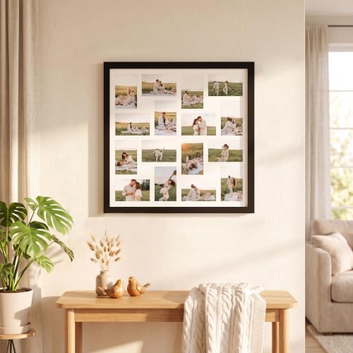 Hongkee 22x22 Frame 2 Pack, Fits 16 4x6 Photo with Mat- Real Glass Cover | Black Wooden, Display Collage Sixteen 4x6 - Wall Mounting, fits Photos, Posters and Art - color: Black, size: 22x22 in matted to 16-4x6