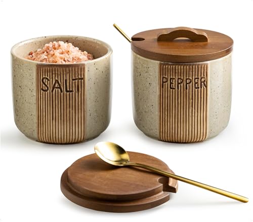 Ceramic Salt and Pepper Bowls, Salt Cellar with Lid and Spoons | Salt Containers for Countertop, 10 OZ Salt Box Salt Holder for Spices, Farmhouse Woodgrain Embossed Design, Beige - color: Beige, size: Set of 2