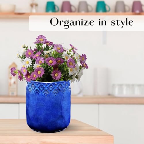 Ceramic Utensils Holder，Extra Large Stable Ceramic Cooking Tool Organizer Set for Kitchen，For Countertop ,Navy Blue - color: Navy Blue