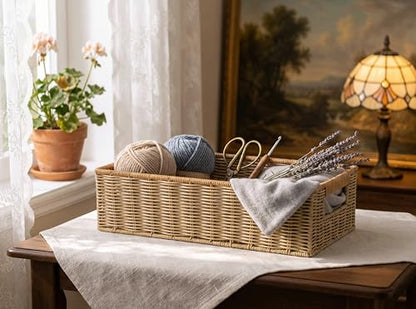 Waterproof Rectangular Toilet Paper Baskets, 16 ¼"L x 6 ¾"W x 4 ½"H Nesting Plastic Wicker Basket, Woven Long Narrow Baskets for Pantry Bathroom Toilet Tank Top Countertop, 2 Pack