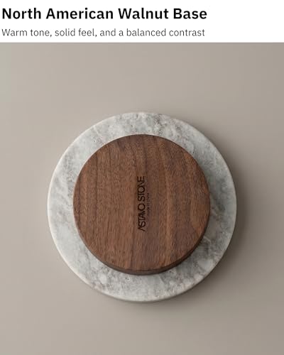 astavohome White Marble & Walnut Round Pedestal Display Riser, 4.7 x 2 in | White marble top with North American walnut wood base for candles, jewelry, keys, vanity accessories, or decor.