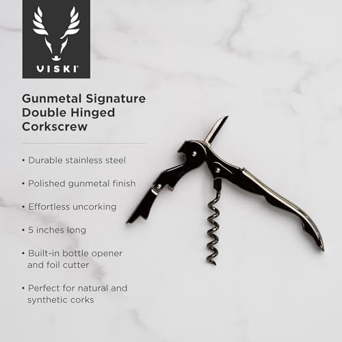 Viski Gunmetal Signature Double Hinged Waiters Corkscrew Wine Opener, Stainless Steel with Built-in Bottle Opener & Foil Cutter for Home Bar, Kitchen, Travel, Gifts for Wine Lovers, Set of 1, Black - style: Gunmetal Black